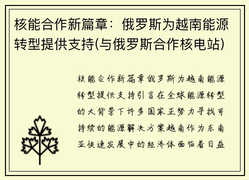 核能合作新篇章：俄罗斯为越南能源转型提供支持(与俄罗斯合作核电站)