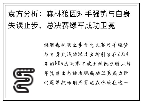 袁方分析：森林狼因对手强势与自身失误止步，总决赛绿军成功卫冕