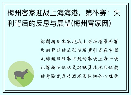 梅州客家迎战上海海港，第补赛：失利背后的反思与展望(梅州客家网)