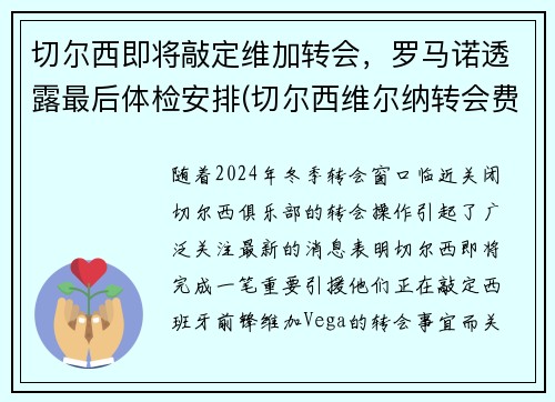 切尔西即将敲定维加转会，罗马诺透露最后体检安排(切尔西维尔纳转会费)