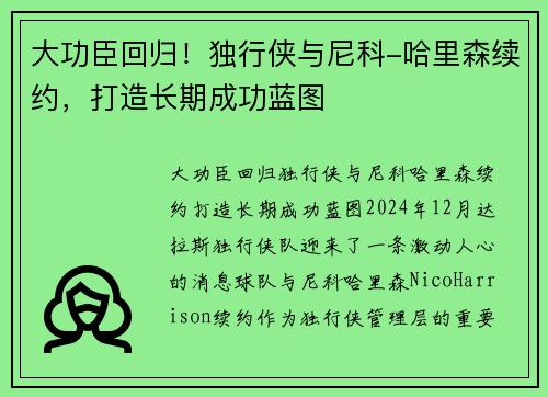 大功臣回归！独行侠与尼科-哈里森续约，打造长期成功蓝图