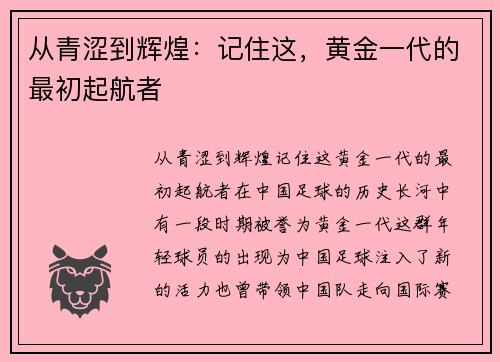 从青涩到辉煌：记住这，黄金一代的最初起航者