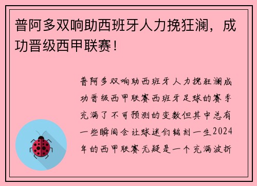 普阿多双响助西班牙人力挽狂澜，成功晋级西甲联赛！