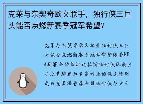 克莱与东契奇欧文联手，独行侠三巨头能否点燃新赛季冠军希望？